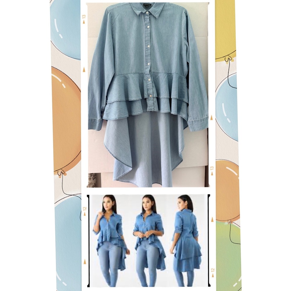 Hannah Ruffle High Low Chambray Shirt L Light Blue Denim Top Festival Boho Chic